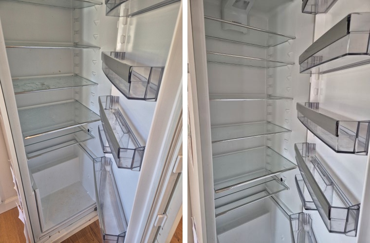 Køleskab før og efter professionel rengøring